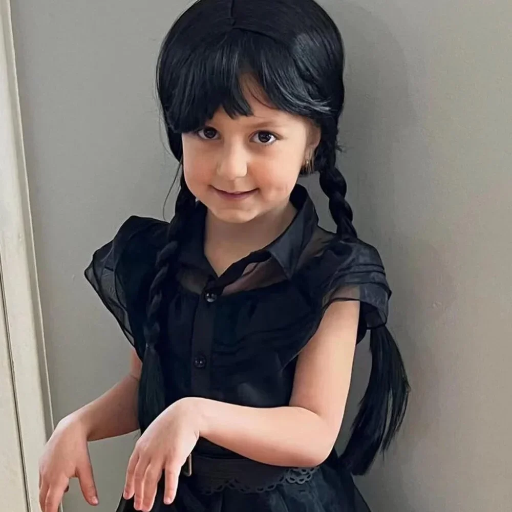 KIDS Wednesday Long Black Braided Wig with Bang for Kids & Girls